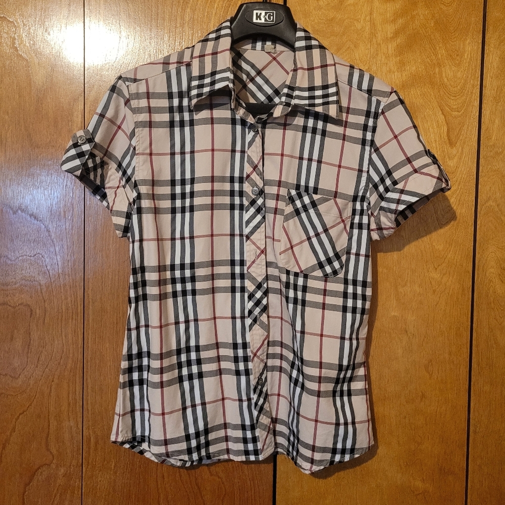 Burberry Beige, Black & Red Plaid Short Sleeve Button Down Shirt - Picture 5 of 15